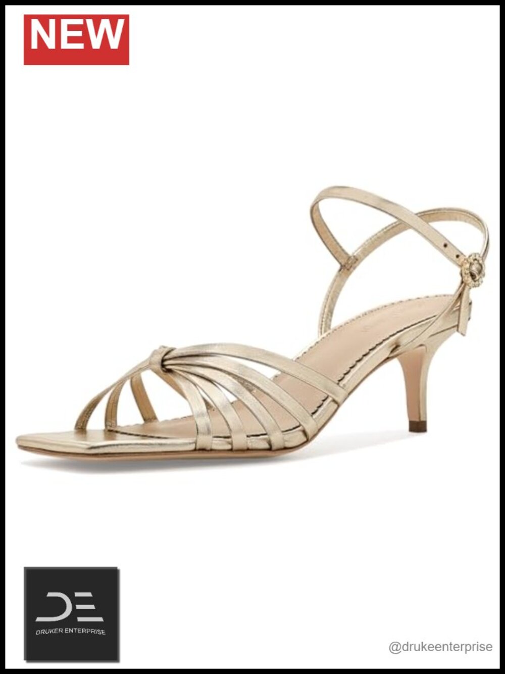 Strappy Metallic Kitten Heel Sandals Crystal Embellished Buckle Leather